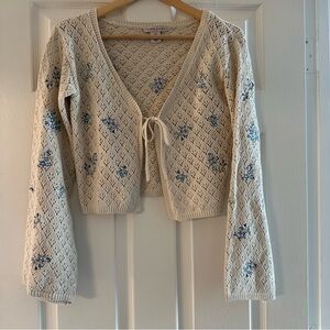 Cottagecore Open Front Crochet Beige and Blue Floral Patterned Cardigan
